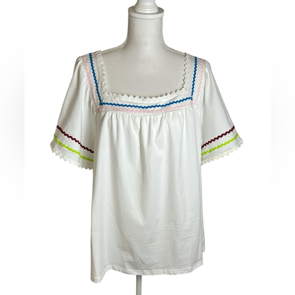 NWT Bloomchic Size 14 16 White Peasant Boho Square Neck Top With Rick Rack Trim